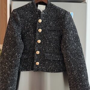 Grey and White Tweed Jacket with Gold Buttons